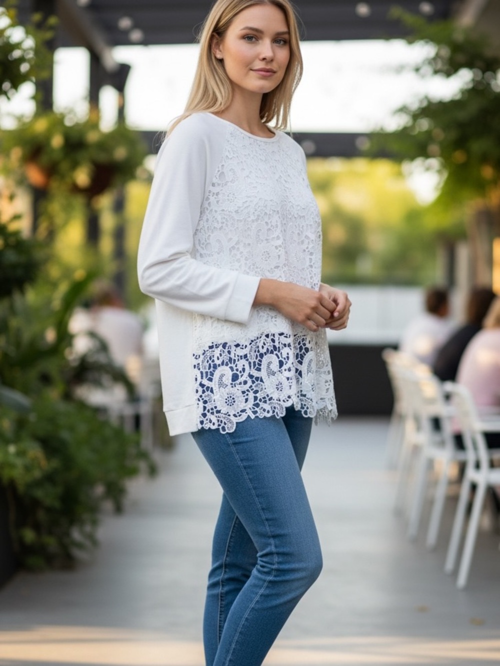 Adrianna Papell Women’s Crochet Lace Long Sleeve White Blouse‎ Top Size XL